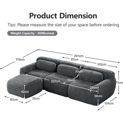 Dolamaní 3-Sitzer L-Form Sofa mit 1 Hocker, montagefrei, modular, Plüschstoff
