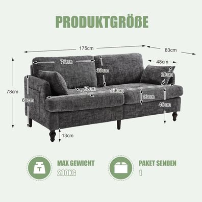 Modernes 2-Sitzer Sofa aus Chenille in Grau mit USB & LED, 175x83x78 cm