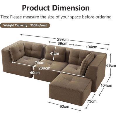 Dolamaní 3-Sitzer Ecksofa mit 1 Fußstütze aus Cordstoff, Modular, Braun