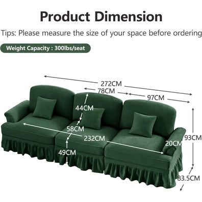 3-Sitzer Sofa Grün Chenille Mittelalter-Modern 272cm mit abnehmbarer