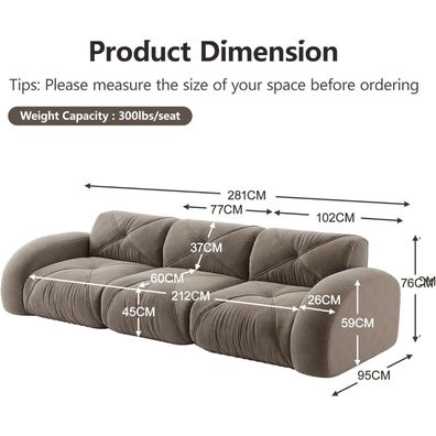 Dolamaní Modernes 3-Sitzer Sofa aus Chenille, rahmenlos, hochelastisch, ohne