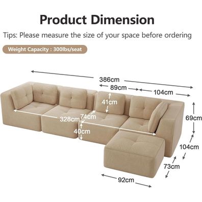 4-Sitzer L-förmiges Ecksofa aus Cordstoff mit 1 Fußstütze, modular, ohne