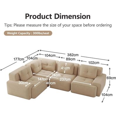 Dolamaní Ecksofa 177x382 cm Boneless Couch aus Cordstoff, Modular, Ohne