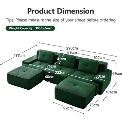 Dolamaní Boneless Modulares 2-Sitzer Sofa + 2 Hocker, Cord, Montagefrei