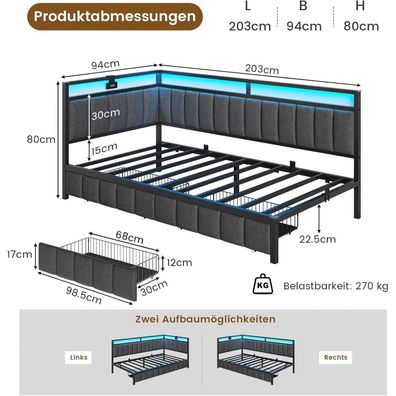 DICTAC Polsterbett 90x200 mit LED & USB, Jugendbett/Tagesbett mit 2 Schubladen