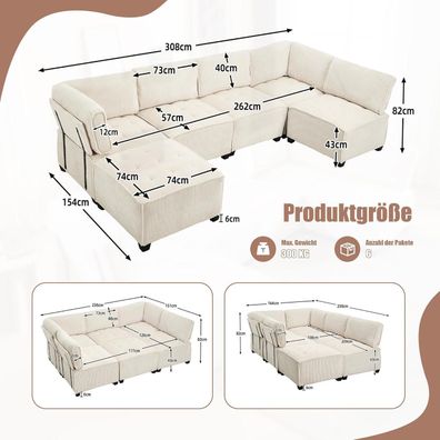 Dolamaní 308 cm Ecksofa aus Cordstoff für 6 Personen, flexibel als U-Form