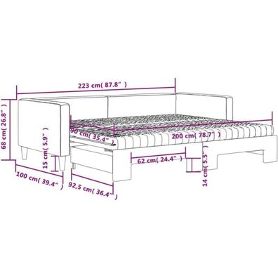 Massbinet Tagesbett Ausziehbar mit Matratzen & Bettkasten, Dunkelgrau, 90x200 cm