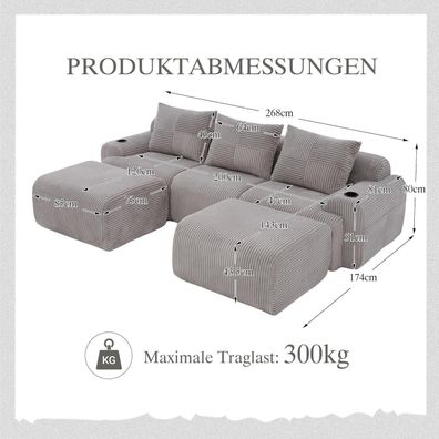 Dolamaní U-Form 3-Sitzer Sofa aus Cord mit 2 Hockern, Getränkehalter