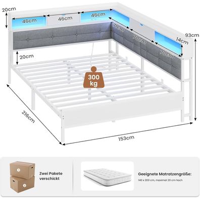 Aogllati Polsterbett 140x200 cm mit 6 Staufächern, LED und Steckdosen, Weiß