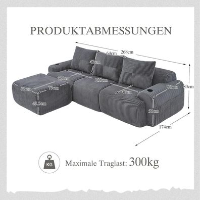 Dolamaní 3-Sitzer L-Form Sofa aus Cord mit Hockern, Getränkehalter