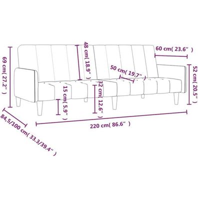 Massbinet Schlafsofa 2-Sitzer aus Samt in Creme, 220 cm breit, mit Armlehnen