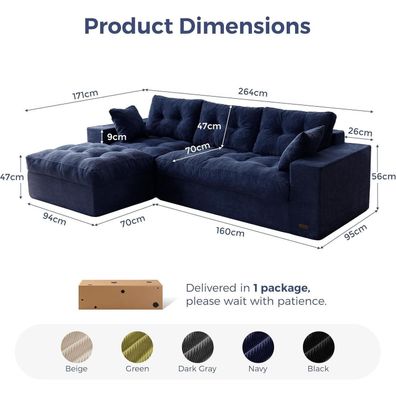 Maxyoyo Ecksofa L-Form Cordstoff 264x171 cm Dunkelblau, Schlafsofa mit