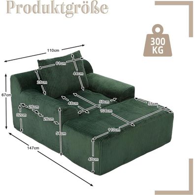 IHO SOFA Übergroßer Cord Couch Sessel mit Fußhocker & Seitentaschen, Smaragd
