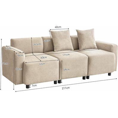 Jovify 3-Sitzer Sofa, 211cm, Bequemes Chenille-Stoff Dreisitzer Sofa Couch mit