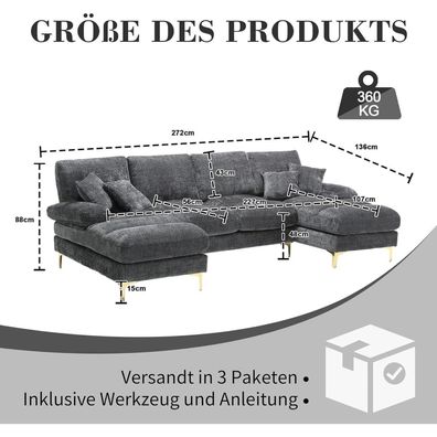 Modernes U-Shape Ecksofa mit doppelten Liegesitzen aus Chenille-Stoff in Grau