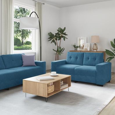 3-teilige Sofagarnitur Blau Samt: 2-Sitzer, 3-Sitzer, Sessel - Modernes Design