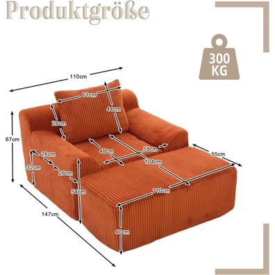 IHO SOFA Übergroßer Couch Sessel mit Hocker, Cord, Orange, 147x110x67 cm, Ohne