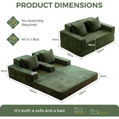 Maxyoyo Schlafsofa aus Cord, klappbar mit Getränkehalter und Kissen