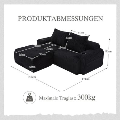 Dolamaní 2-Sitzer L-Form Sofa aus Cord mit Hockern, Getränkehalter und
