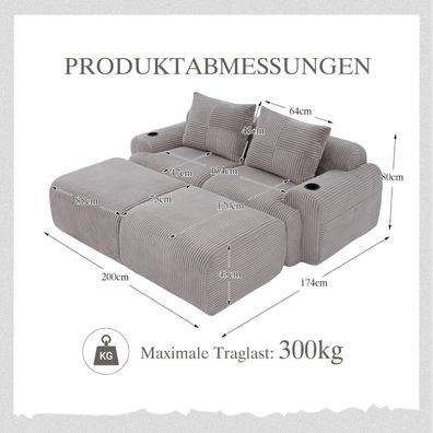 Dolamaní 2-Sitzer Sofa mit 2 Hockern aus Cord, montagefrei, mit Getränkehalter
