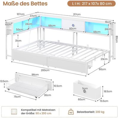 DICTAC Jugendbett 90x200 weiß mit LED, Ladestation & viel Stauraum