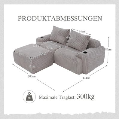 Dolamaní 2-Sitzer Modulsofa mit Hockern, Cordstoff, Getränkehalter