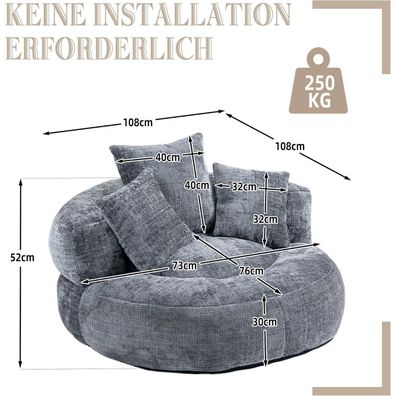 Dolamaní Lazy Sofa Sitzsack Stuhl Couch Lounger mit 3 Kissen Grau