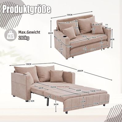 IHO SOFA Zweisitzer Sofa mit Schlaffunktion, ausziehbar, Khaki - ideal für