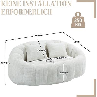 IHO SOFA Zweisitzer Boneless Couch mit High Back & Memory Schaum Füllung, Beige
