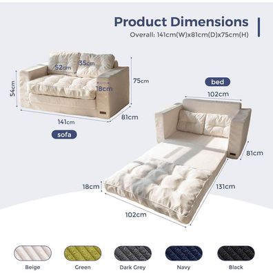 Maxyoyo Bodensofa Schlafsofa 140cm Breit, 2-in-1 Klappbar Cord Sofa 2 Sitzer