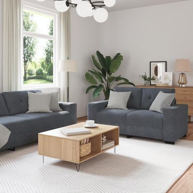 Massbinet 3-teilige Sofagarnitur Dunkelgrau Samt Sofa 2-Sitzer + 3-Sitzer