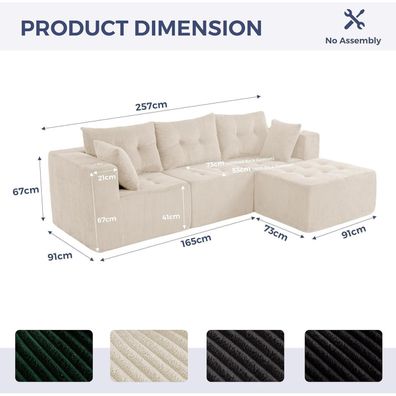 Maxyoyo Ecksofa Corduroy mit Becherhalter, Modulares Sofa, L-Form, Beige, Keine