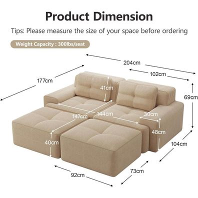 Dolamaní Boneless Modulares 2-Sitzer-Sofa mit 2 Hockern, Cord, Beige