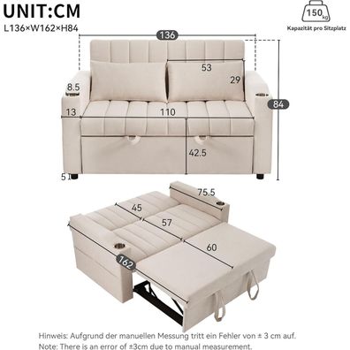 ANIROY 2-Sitzer Schlafsofa mit Schlaffunktion, Getränkehalter und verstellbarer