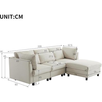 Zyloyal10 Ecksofa L-Form mit Hocker, 3-4 Personen, Beige - Modernes