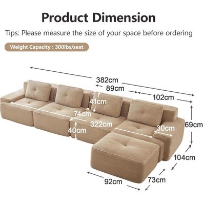 Dolamaní Boneless Modulares 4-Sitzer Sofa mit 1 Hocker, Cord, Beige, Montagefrei