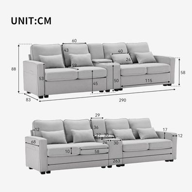 Jovify 4-Sitzer Sofa aus Leinenstoff mit Konsole, USB, Getränkehaltern