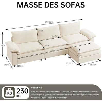 JIEXI Ecksofa mit Schlaffunktion, modulares Ecksofa aus Chenille-Stoff, 288 x