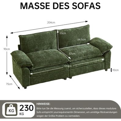 JIEXI Ecksofa mit Schlaffunktion, modulares Ecksofa aus Chenille-Stoff, 204 x