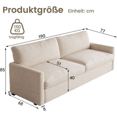 Guyii Stoffsofa 3-Sitzer, 190 cm, Cremeweiß - Modernes und bequemes Polstersofa