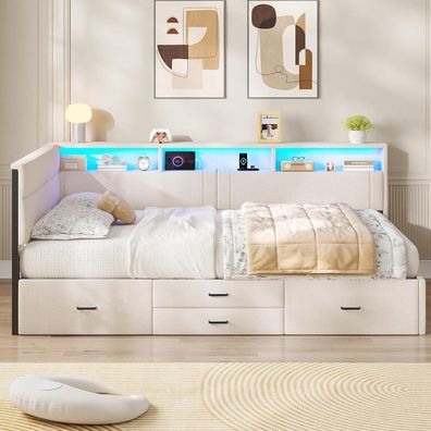 Aogllati Polsterbett 140x200 cm, Doppelbett mit LED, Ladestation & 4