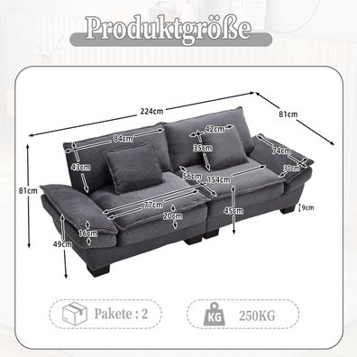 Dolamaní Polstersofa Couch 2-Sitzer mit Polster Armlehnen und Beinen, Dunkel