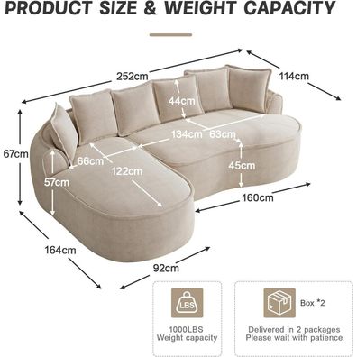 IHO SOFA Modulares Chenille Sofa L-Form mit extra tiefer Sitzfläche (122 cm)