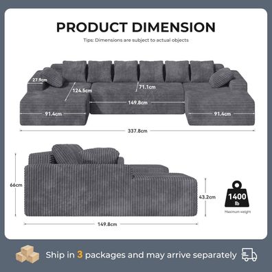 Aivermeil U-förmige Modulare Cloud Couch 3-Sitzer, Grau - L-Form, Boneless