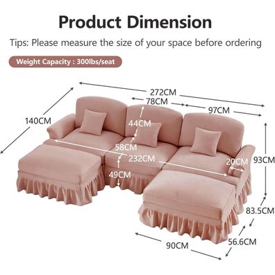U-förmiges 3-Sitzer-Ecksofa aus Chenille in Rosa mit 2 Ottomane, 272 cm