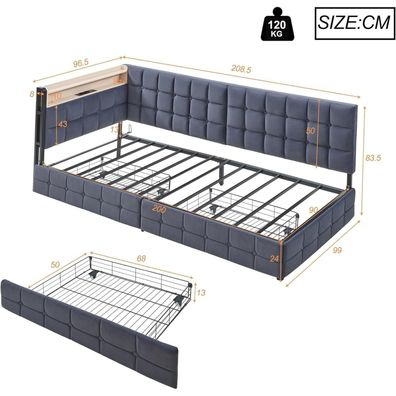 NovaFurnish Gepolstertes Schlafsofa 90x200cm mit LED, USB/Typ-C, 2 Schubladen