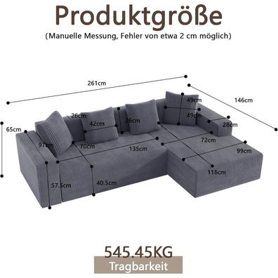 Dolamaní 3-Sitzer Modulares Ecksofa mit Liege und 4 Kissen, Grau, Corduroy