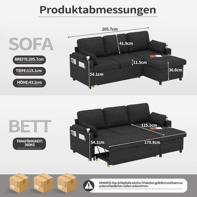 Duraspace Schlafsofa Ausziehbare Schlafcouch L-förmiges Ecksofa mit Stauraum