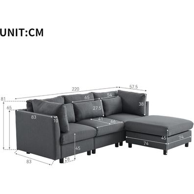 Zyloyal10 Modernes L-förmiges Ecksofa mit Fußhocker in Grau für 3-4 Personen