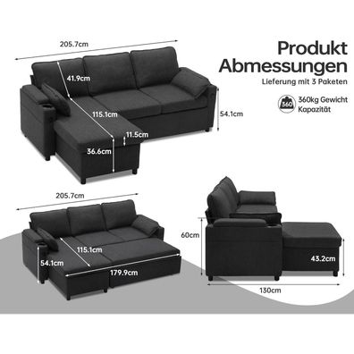 Duraspace Schlafsofa ausziehbar, 2 in 1 Sektional Couch mit Stauraum, USB